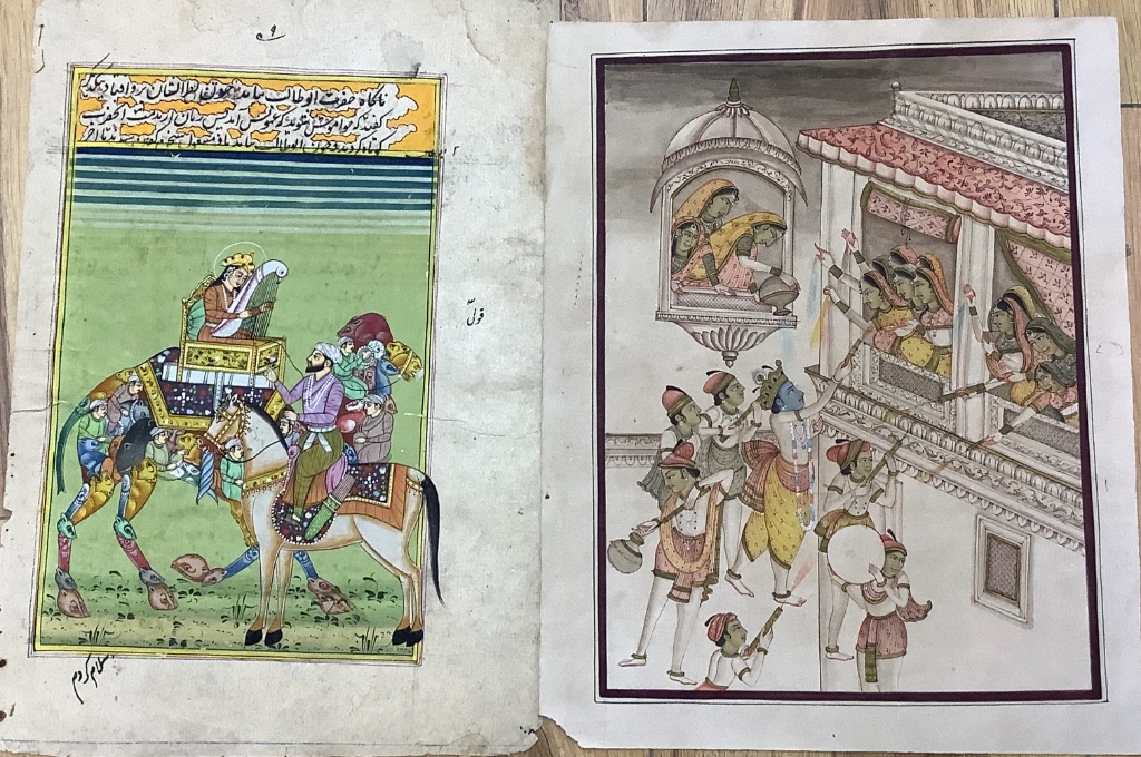 Indian School, two watercolour and ink original illustrations, Women on a balcony with men below, 24 x 18cm and Woman riding a camel with attendant, 22 x 14cm, both unframed